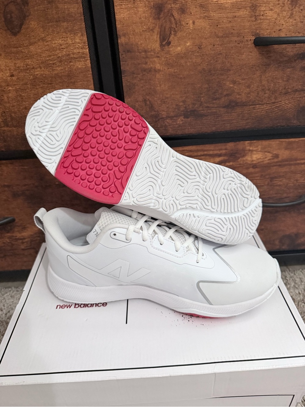 New Balance White Athletic Sneakers with Pink Sole Accent - Picture 2 of 5